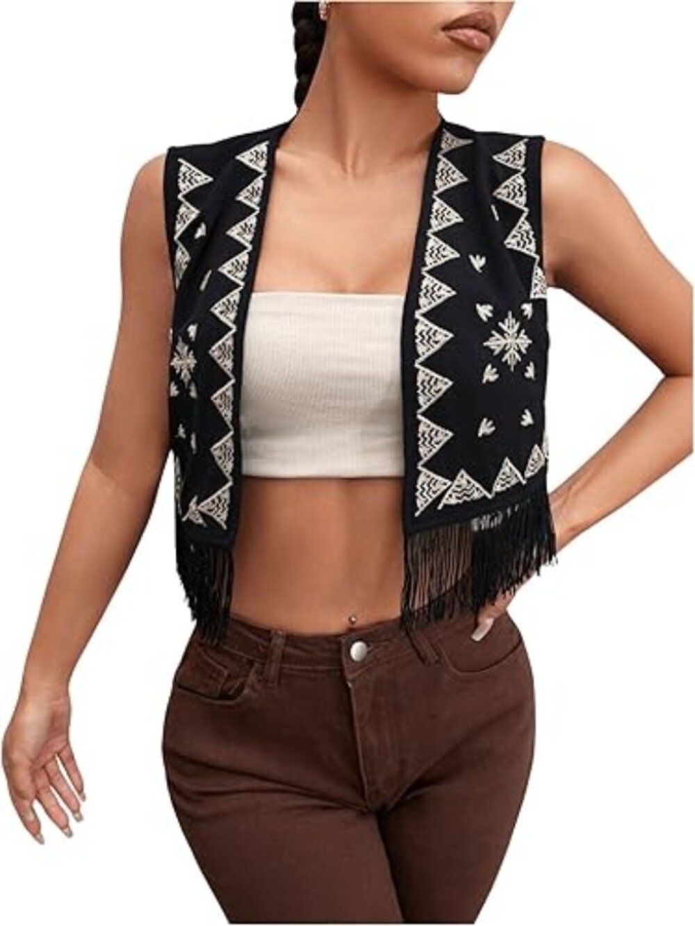Gorglitter Women's Black Geometric Embroidered Fringe Crop Vest Open Front-XL
